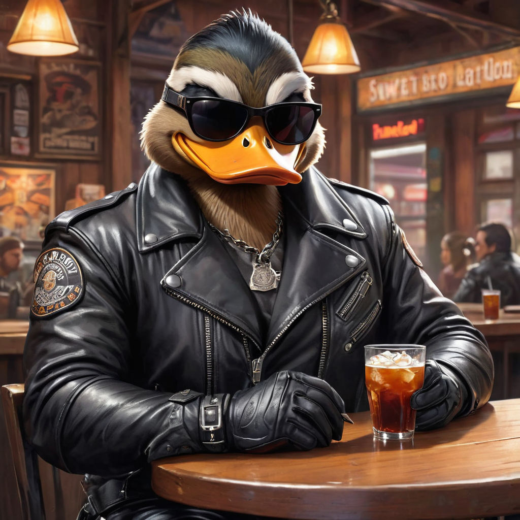 A Badass Harley Davidson Biker Mallard Duck Hanging Out At A Biker Bar