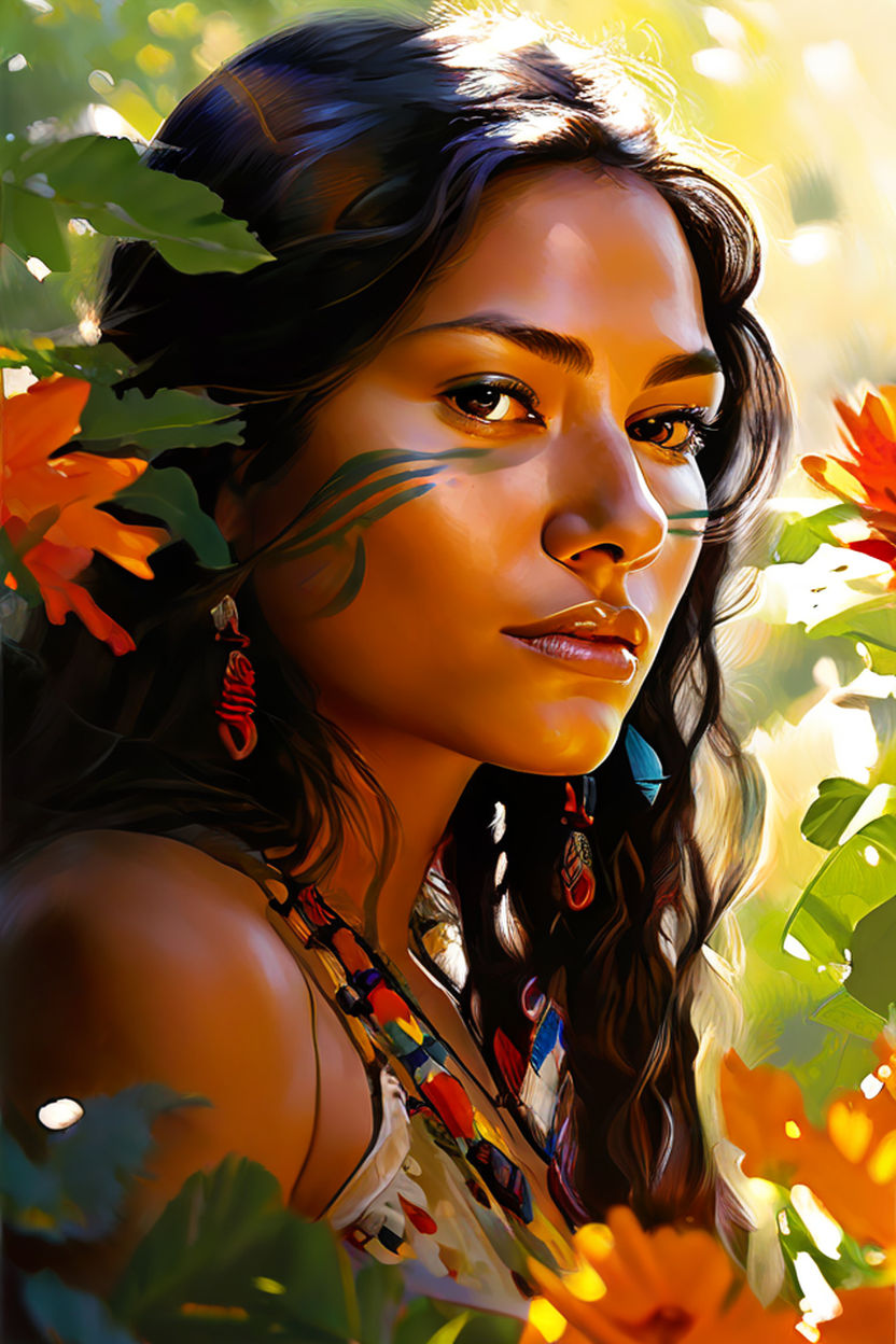 Detailed painting of nude 30 yo pretty american indian woman