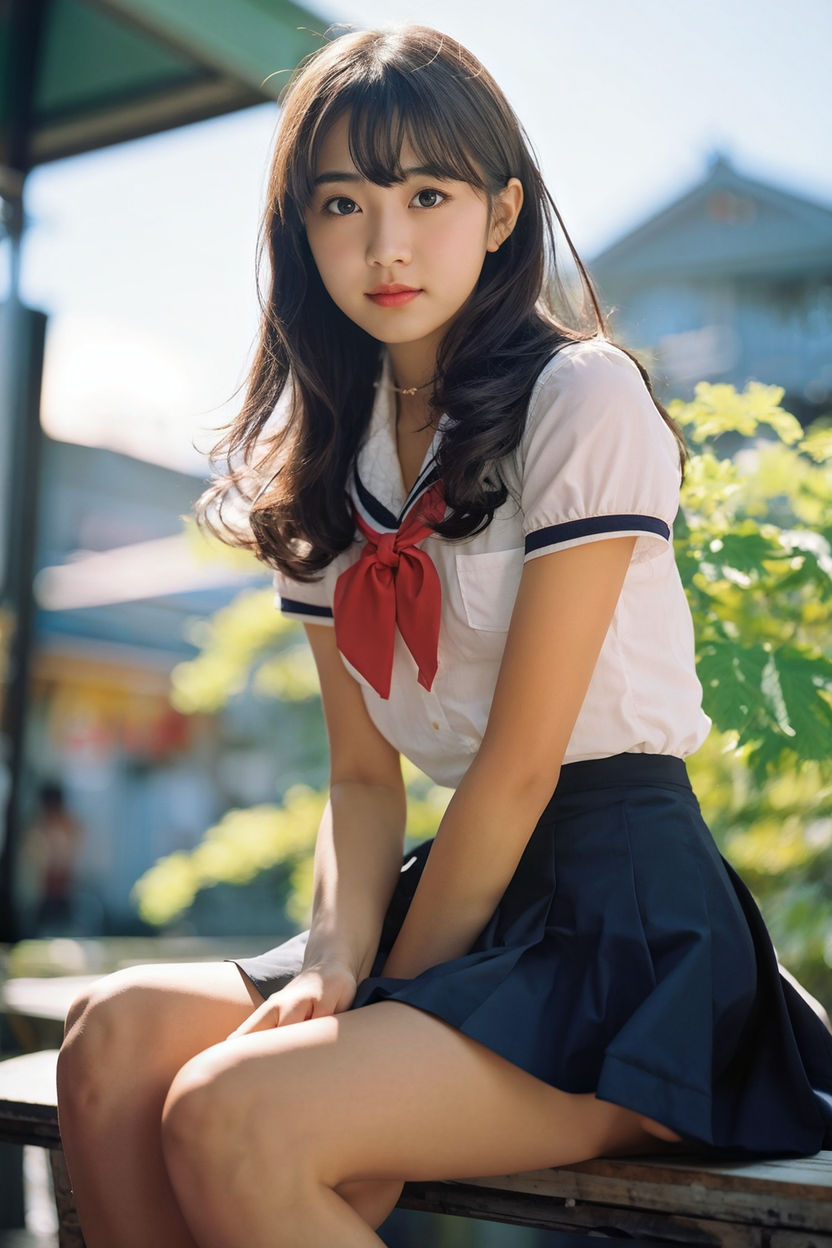 beautiful japan schoolgirl in a mini skirt and red stockings