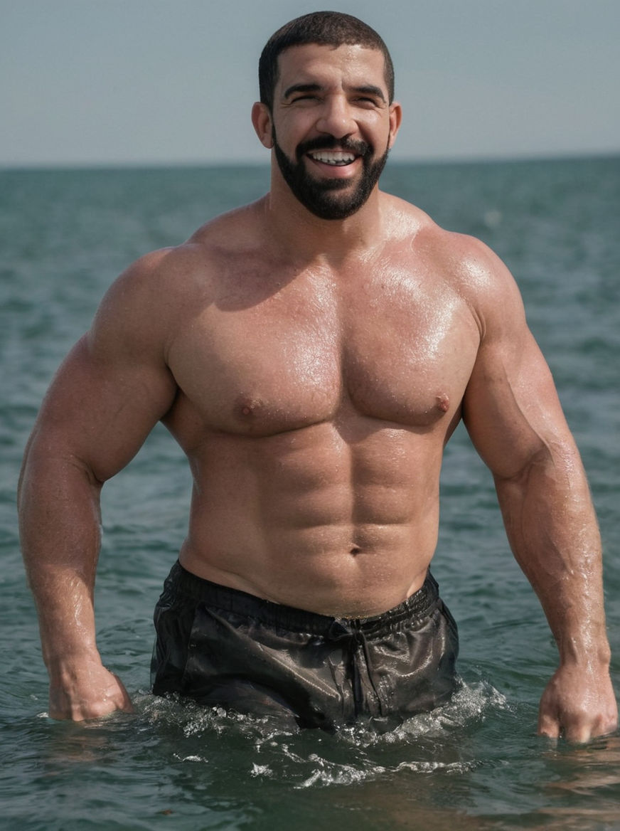 muscular gay arab man looking at the camera at the beach