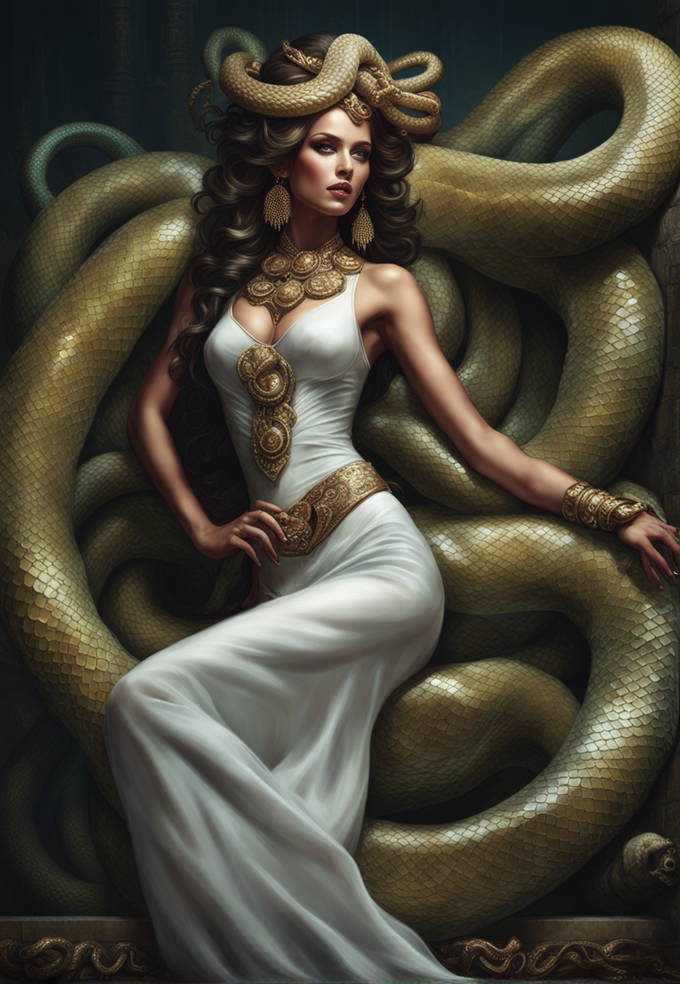 full body shot of Medusa snakes hair goddess. snake skin. fangs