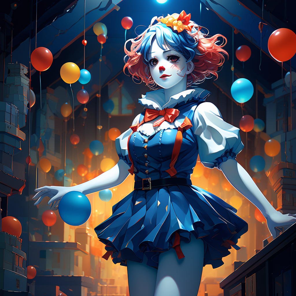 creepy clown girl with blue hair, full body shot, tank top and shorts,  revealing, blowing blubbles, summer day, in the style of ilya kuvshin... -  AI Generated Artwork - NightCafe Creator