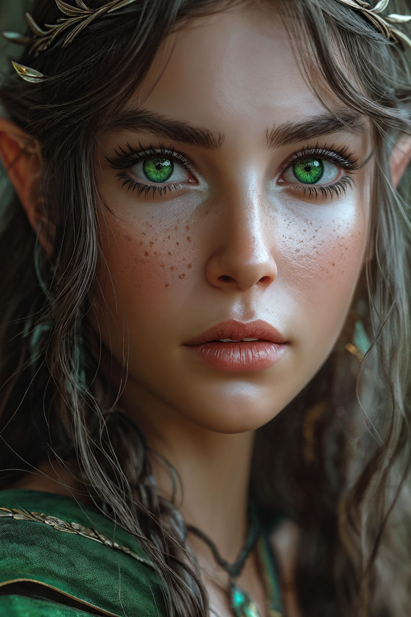 Brown haired green eyed elf girl looking at the camera