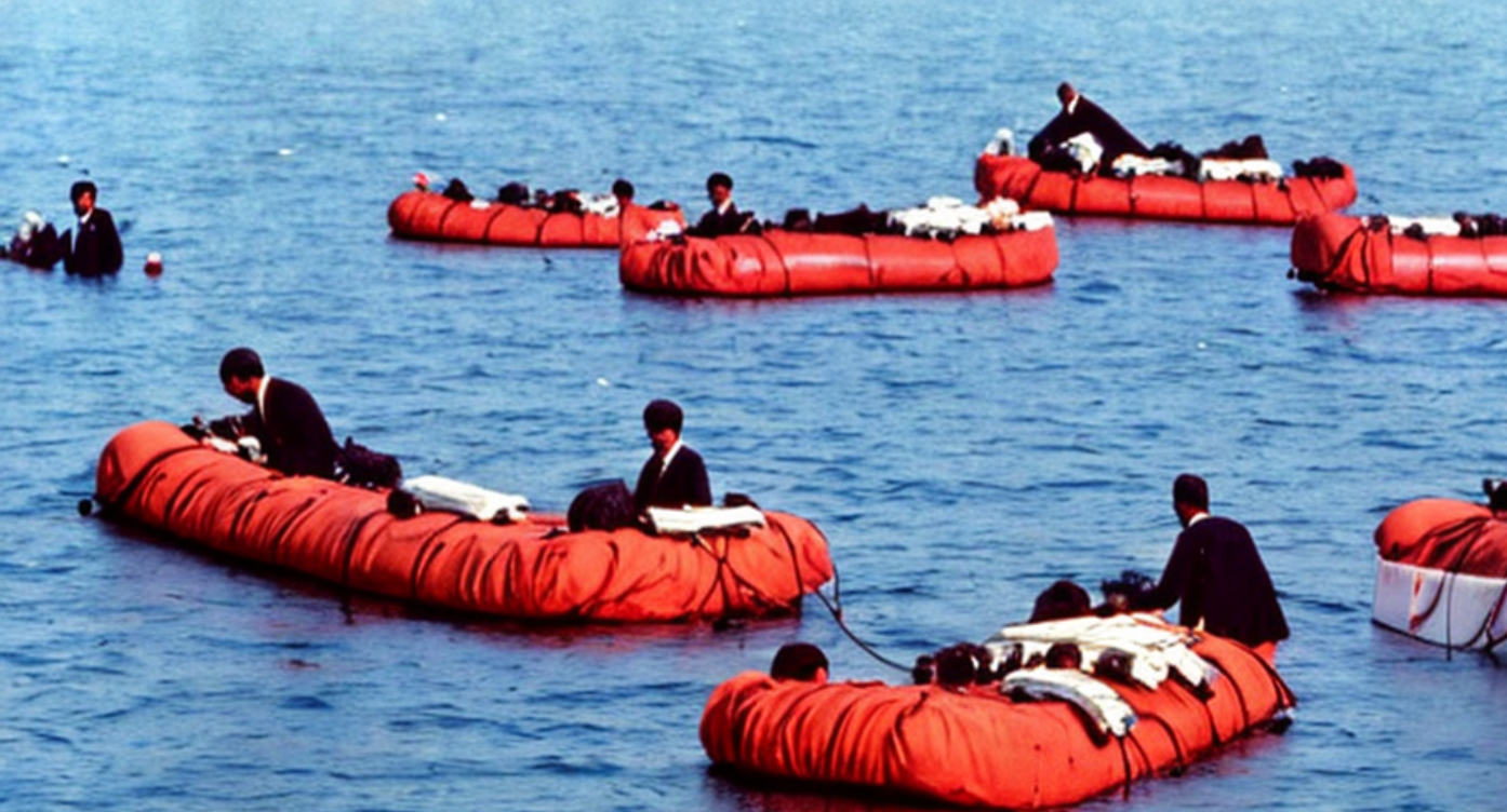 Prompt: Sinking of TGC General Ataturk, May 2, 1982.   Corpses floating in the water, alongside rubber liferafts.