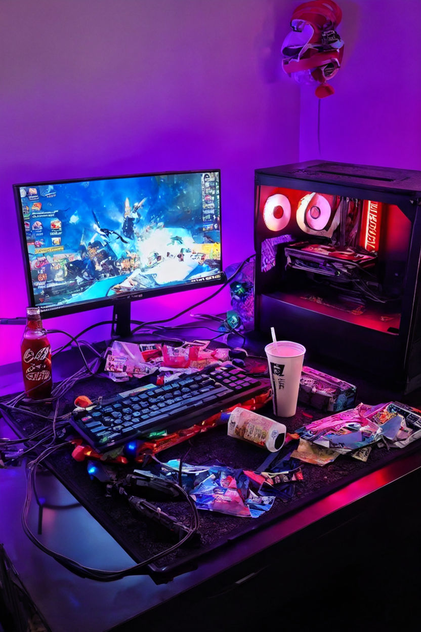 Below-average gaming setup featuring a cluttered desktop wit... by ...