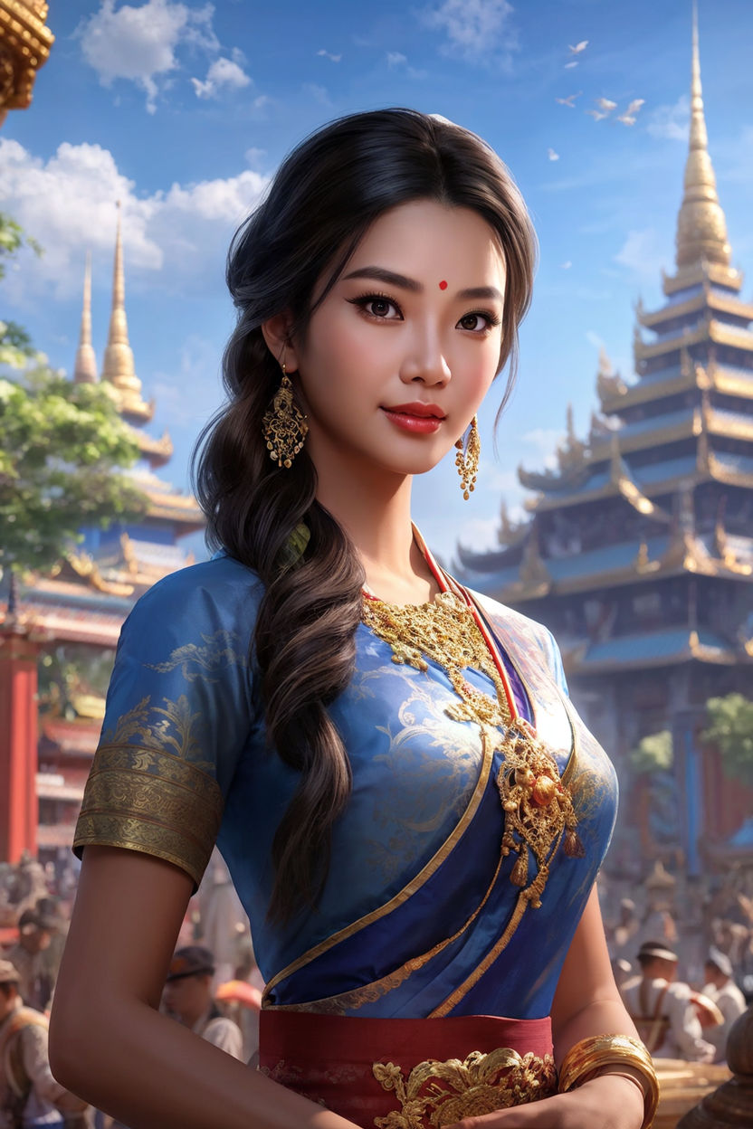 This anime-style video game character represents a Nepali traditional girl.  She wears a beautifully detailed Sari