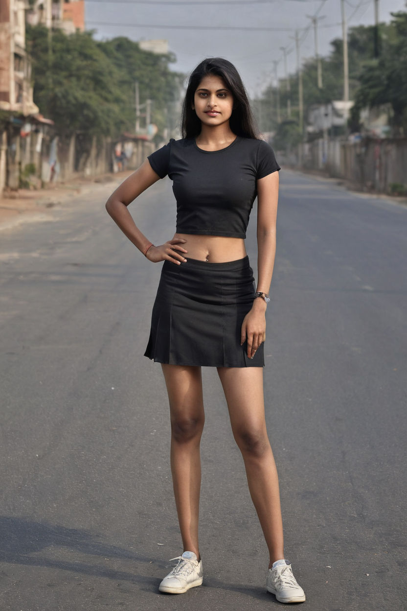 Black female. Dressed in a high-waisted mini skirt that accentuates her  slender figure