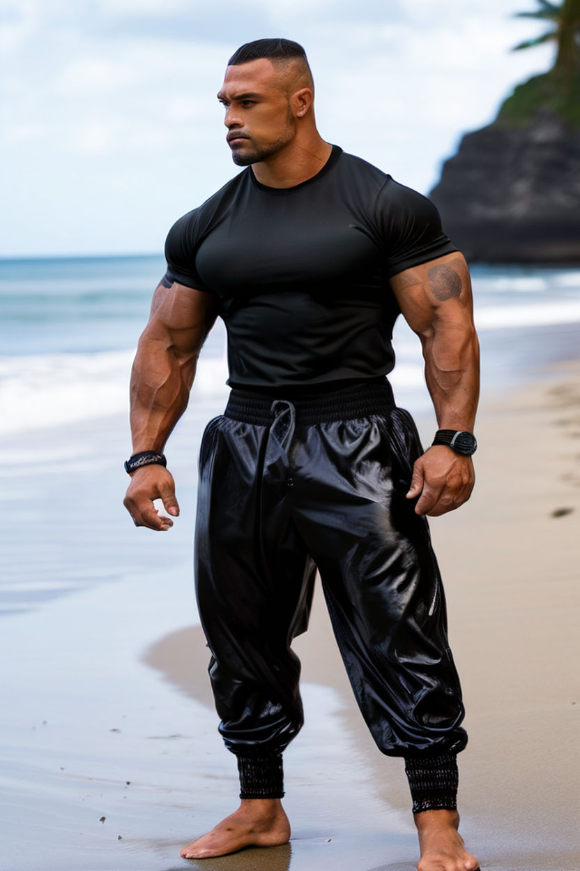 Giant muscular black alien man with huge muscles with shorts