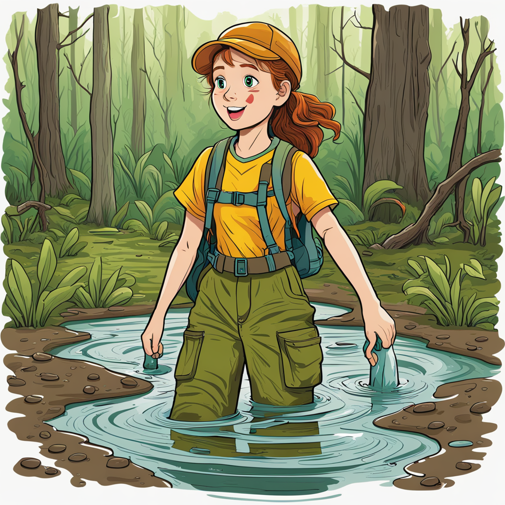 young native american girl hunting fish in a forest stream with bow and  arrow - Playground