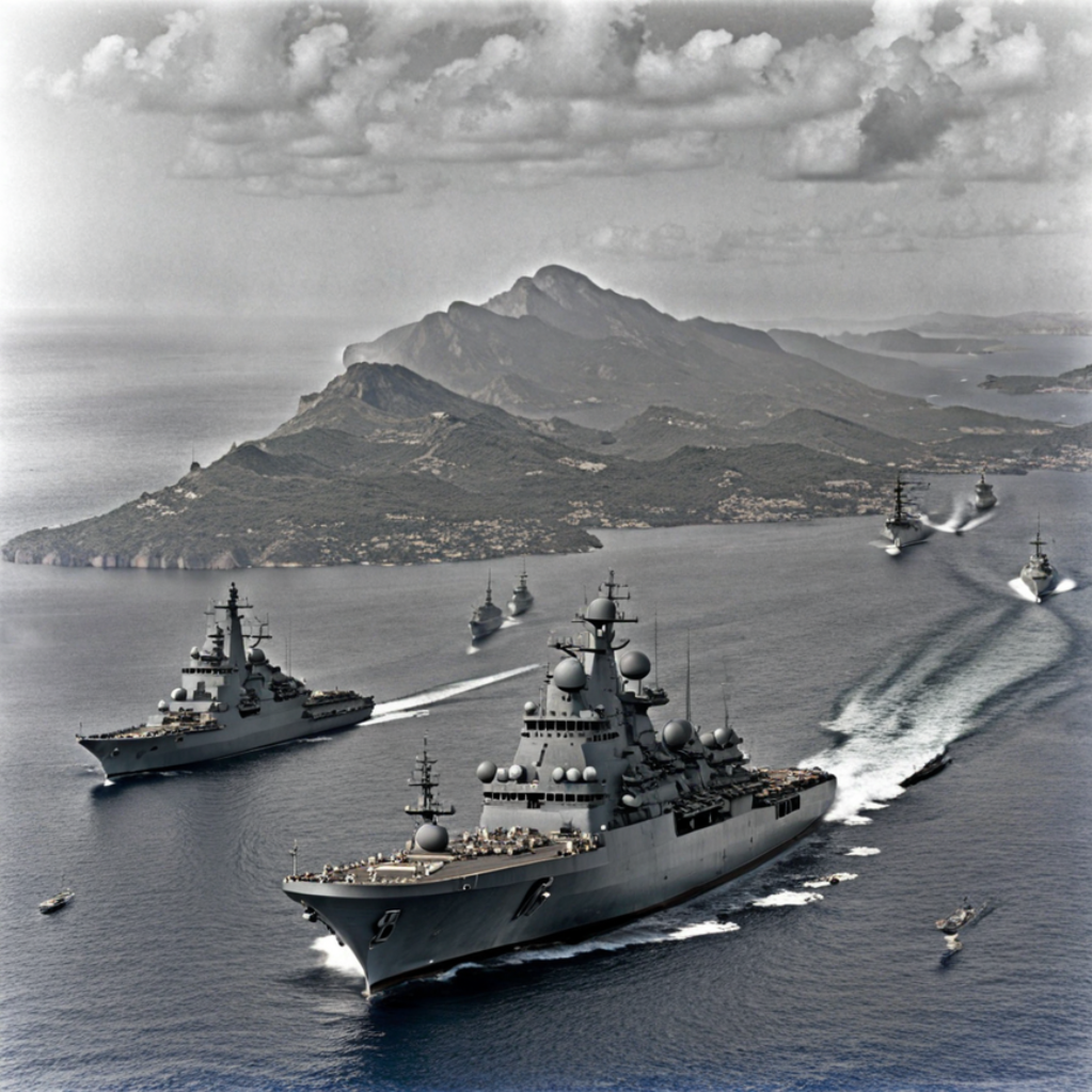 Prompt: Hellenic Navy task force departs Corfu for Dodecanese, April 6, 1982.  Force includes 2 light aircraft carriers, frigates, corvettes, destroyers, and amphibious landing vehicles.