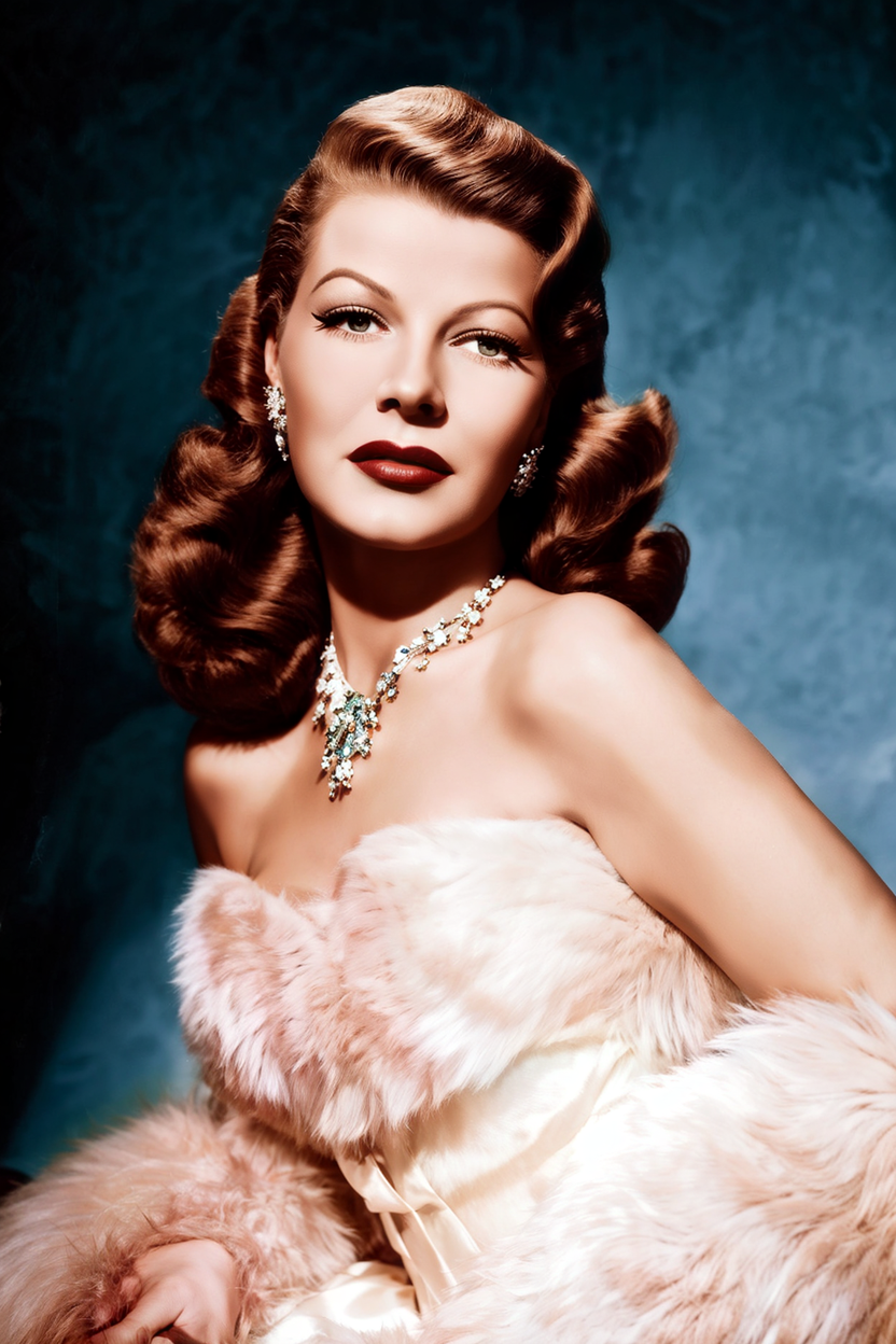 portrait of a beautiful youthful Rita Hayworth. The top of her head is  below the top of the image