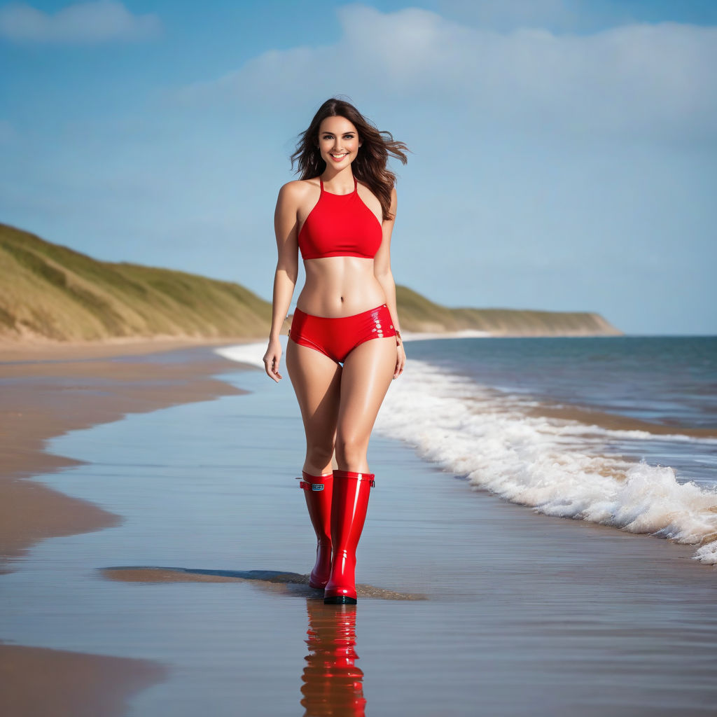 Kat dennings with red bikini on a beach and holding a unbrella