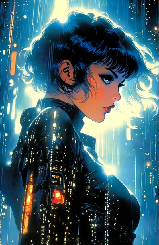 beautiful cyberpunk anime style illustration of motoko