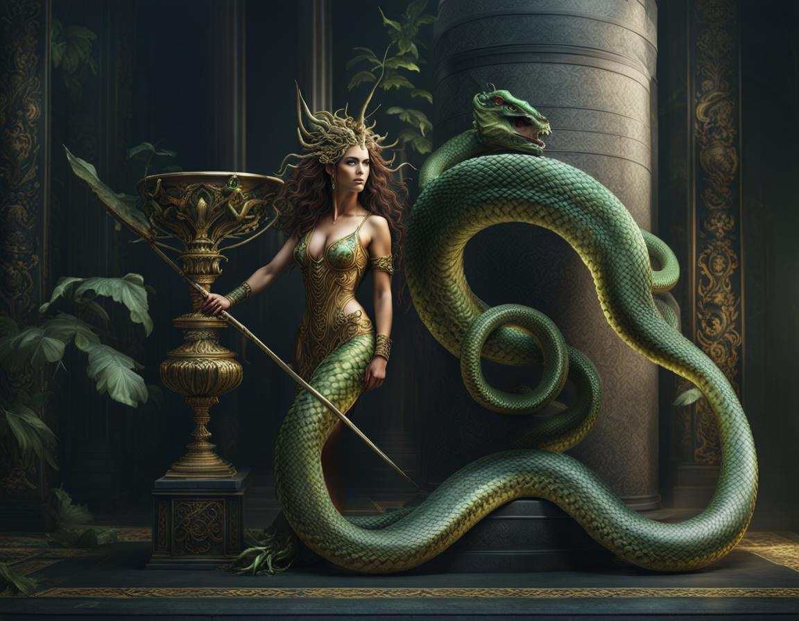 full body shot of Medusa snakes hair goddess. snake skin. fangs