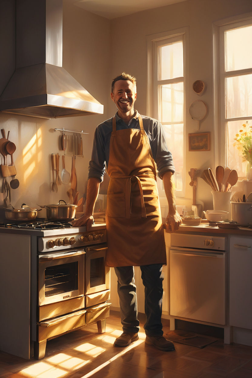 bent over a kitchen counter. Detailed face. 4k. Natural light. Full body  portrait. Sweet smile. In a kitchen