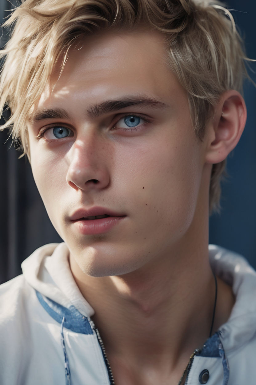 teen boy with short blond hair and blue eyes