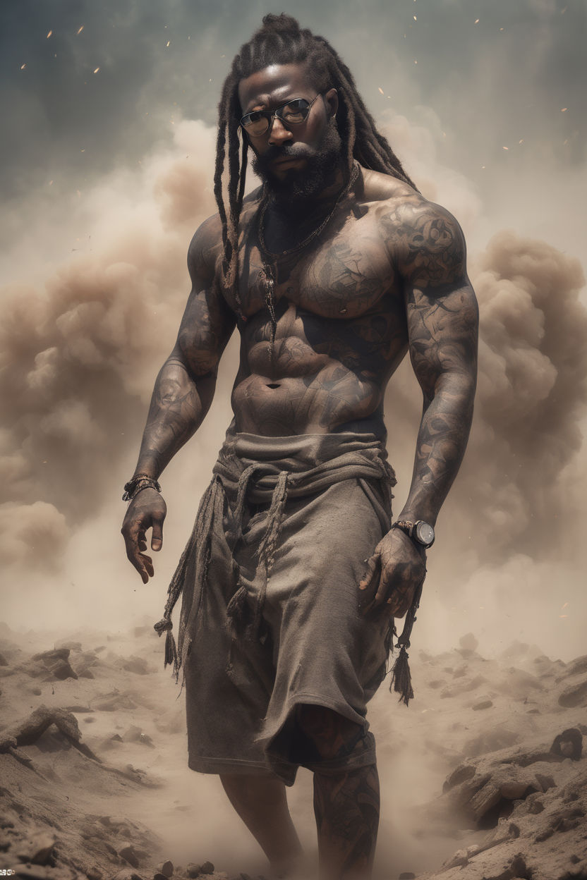 muscular black man with dreadlocks and tribal tattooes