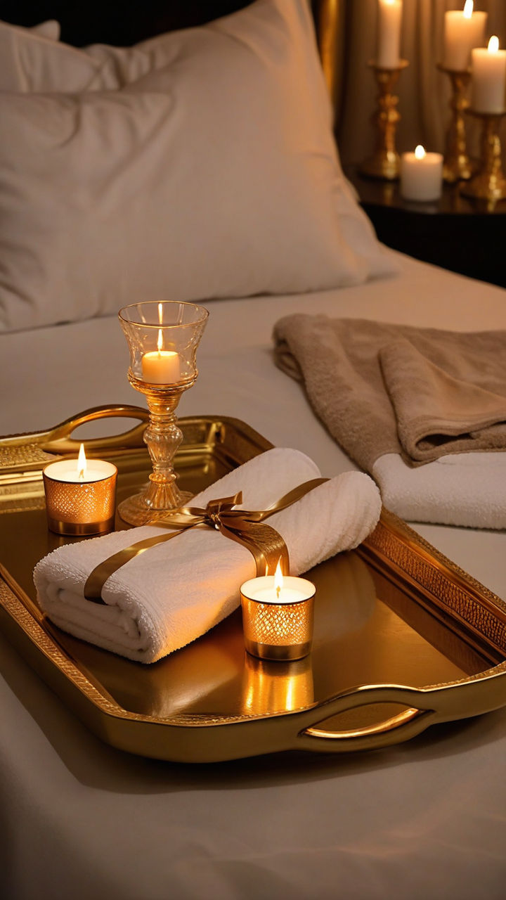 On the table sits a golden tray adorned with a flickering candle and a pristine towel. The warm glow of the candlelight dances across the luxurious tray, inviting a sense of serenity and elegance. It's a perfect touch of opulence, setting the stage for an indulgent and relaxing experience.