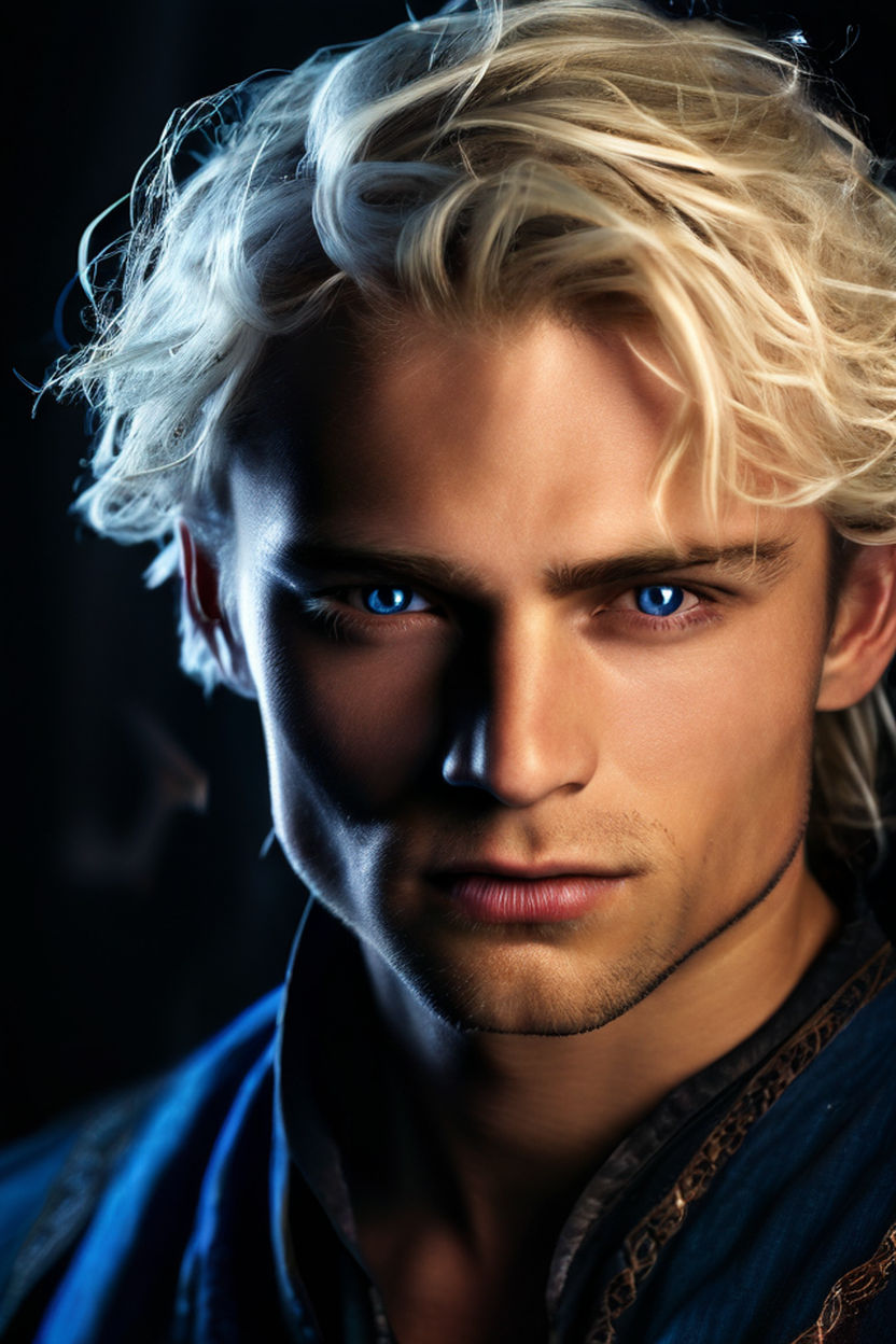 a hot blonde male with pale skin and blue eyes