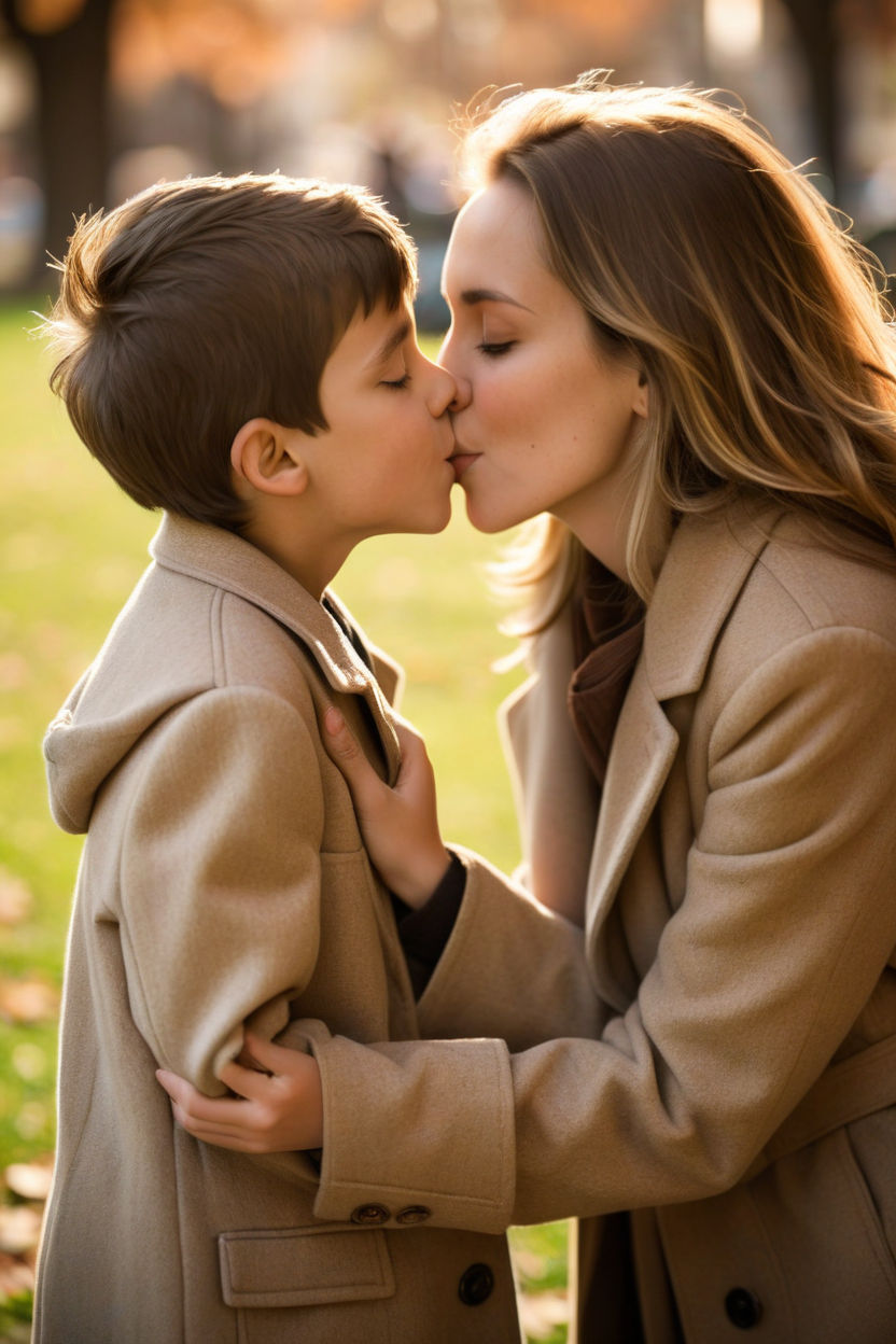 A mother and her son kissing at lips