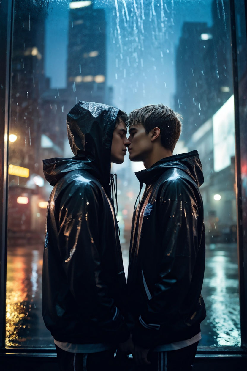 Two young gay jocks kissing at a bus stop