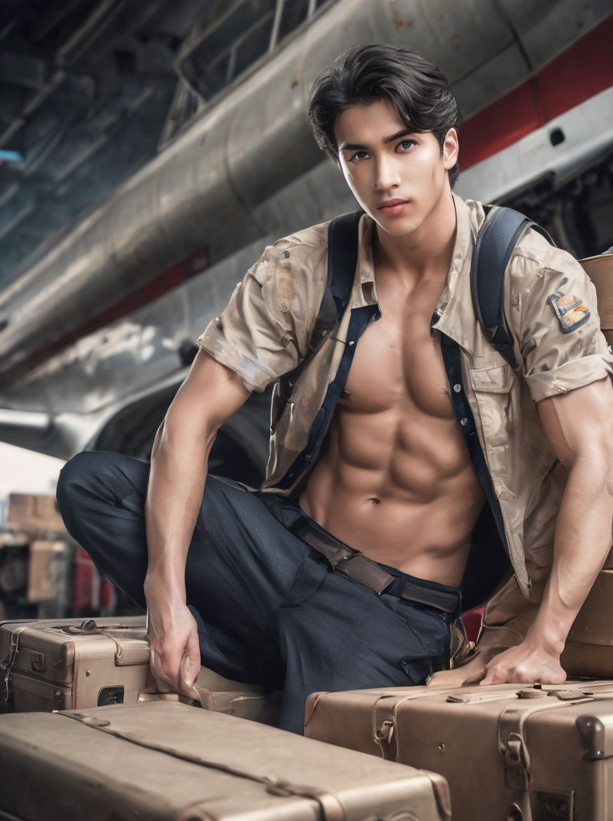 A shirtless skinny muscled Japanese male model posing as aviation officer  in army pilot suit