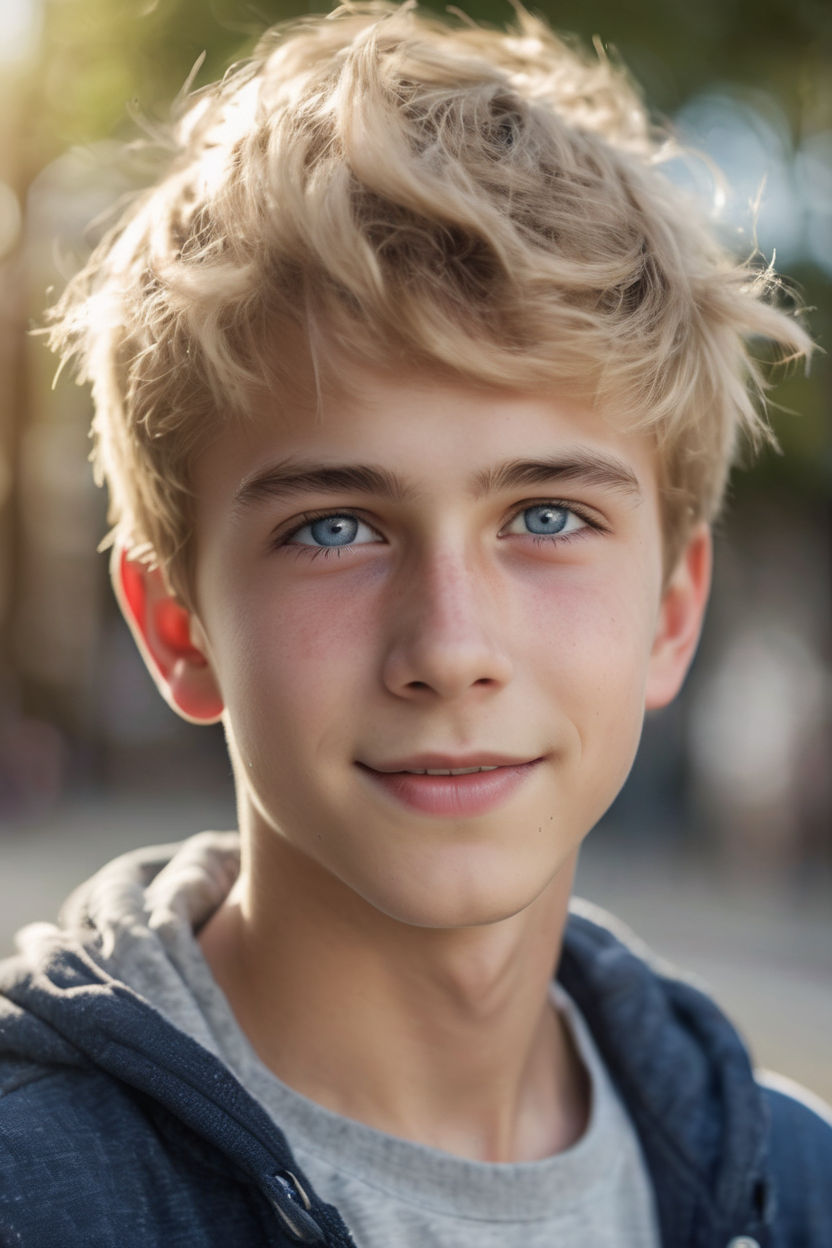 teen boy with short blond hair and blue eyes