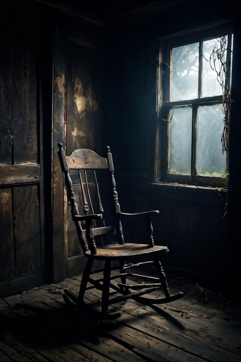 empty room with only a chair made of wood and a small wood desk. backrooms.  liminal space. scary. dark. fog. night. midnight