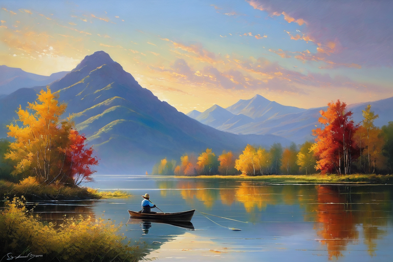 Tranquil Lake Scene: Fishing Boat Amidst Picturesque Backdrop. AI