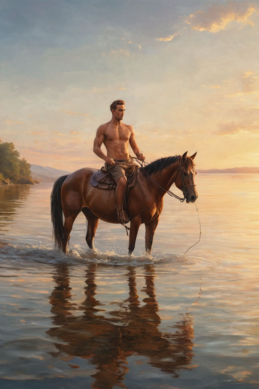 a horse with a muscular guy riding