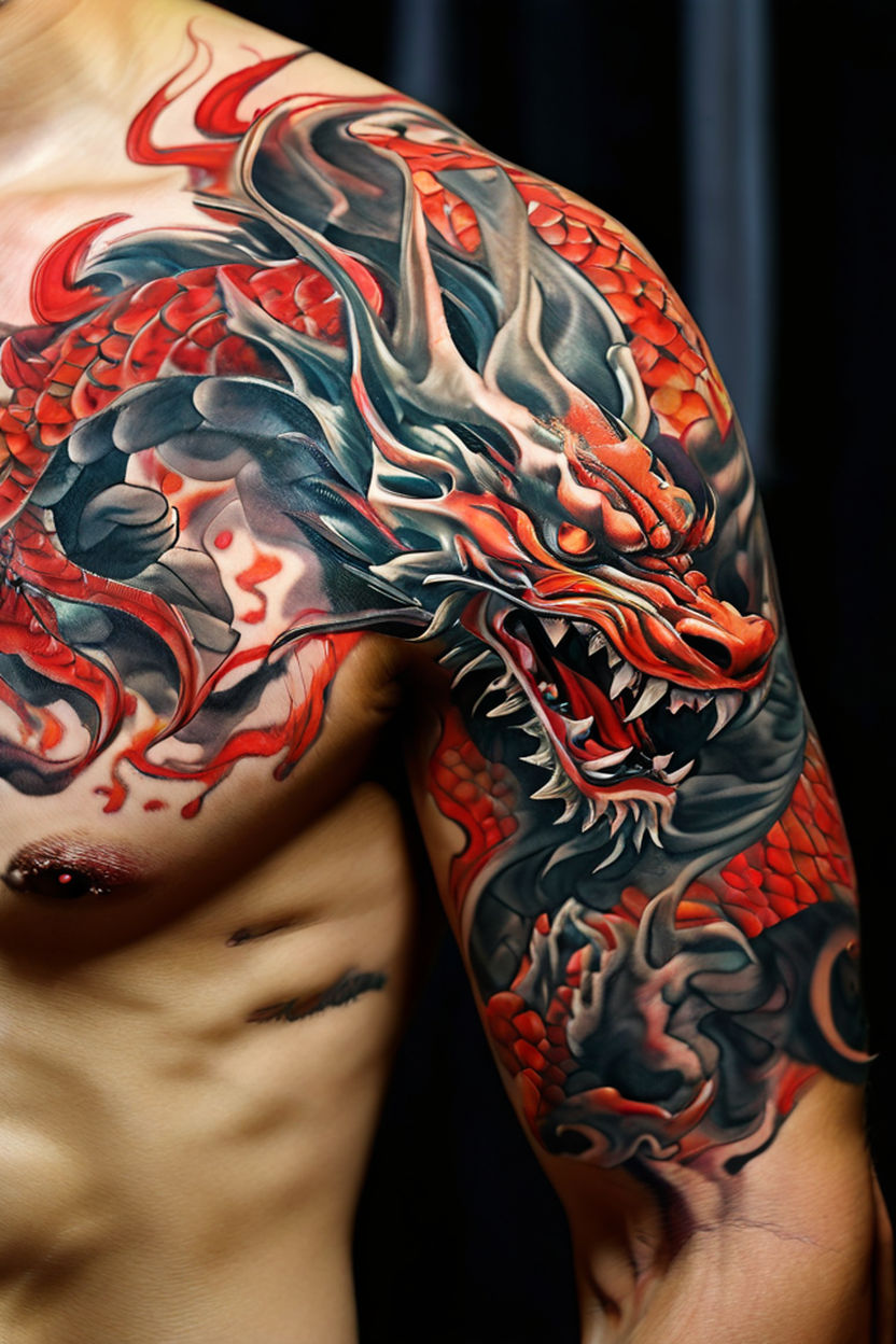 dragon tattoos on chest and arms