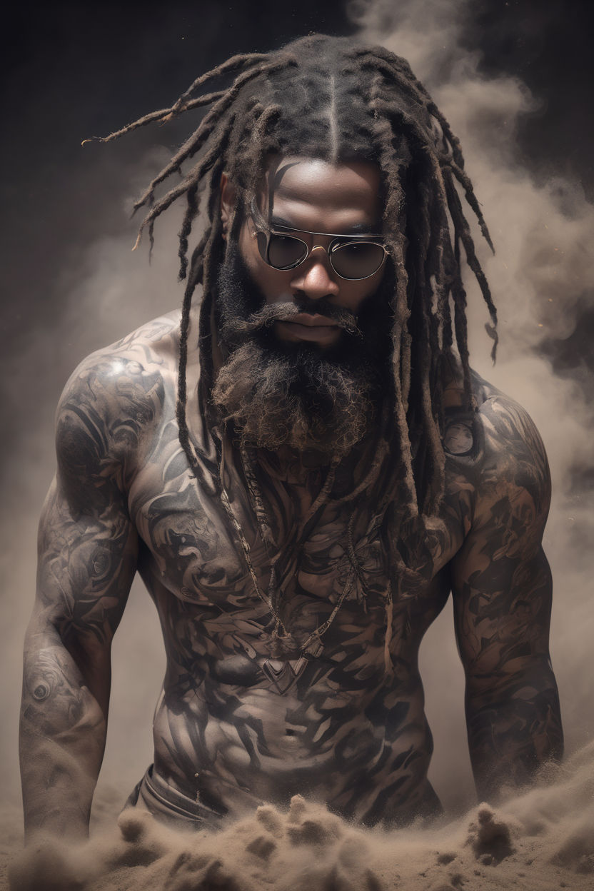 muscular black man with dreadlocks and tribal tattooes