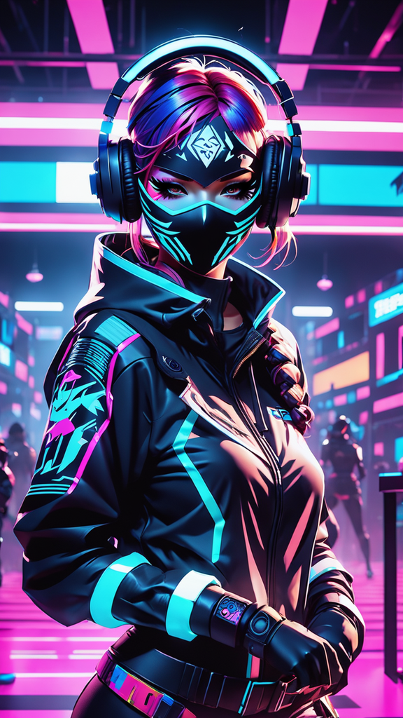 Illustrazione Stock Cyberpunk girl in a mask with a hood