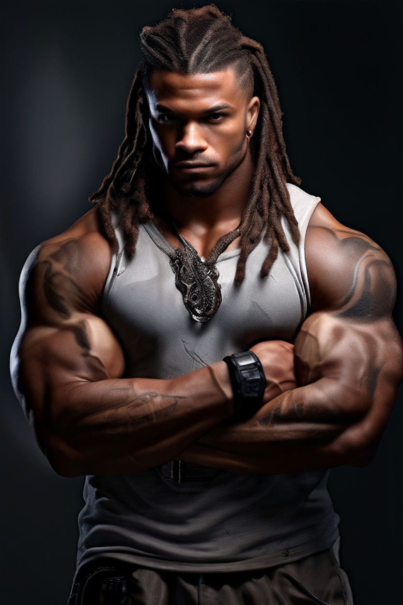 muscular black man with dreadlocks and tribal tattooes