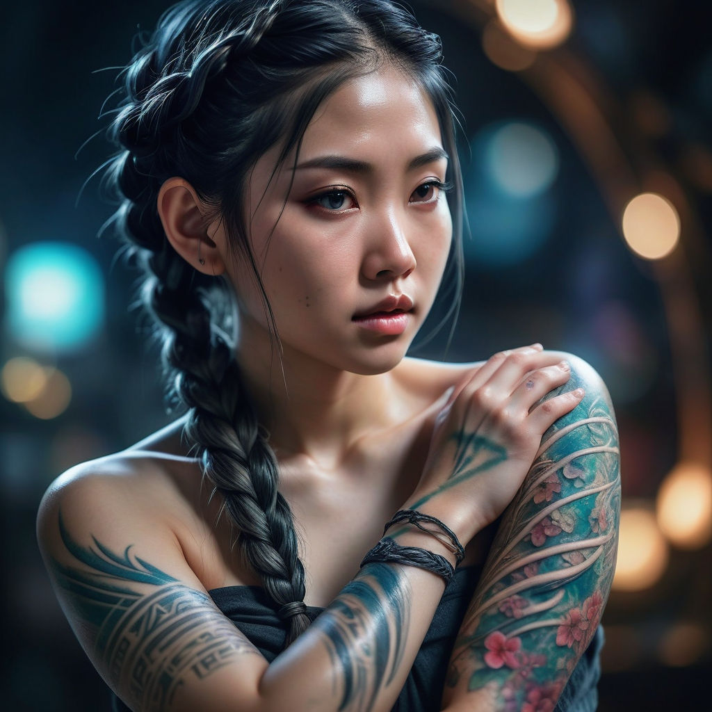 a young asian girl with full body tattoo