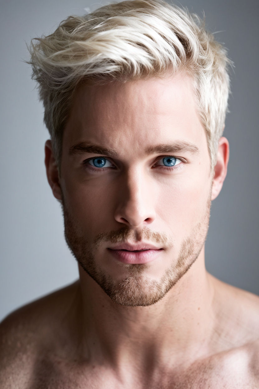 a hot blonde male with pale skin and blue eyes