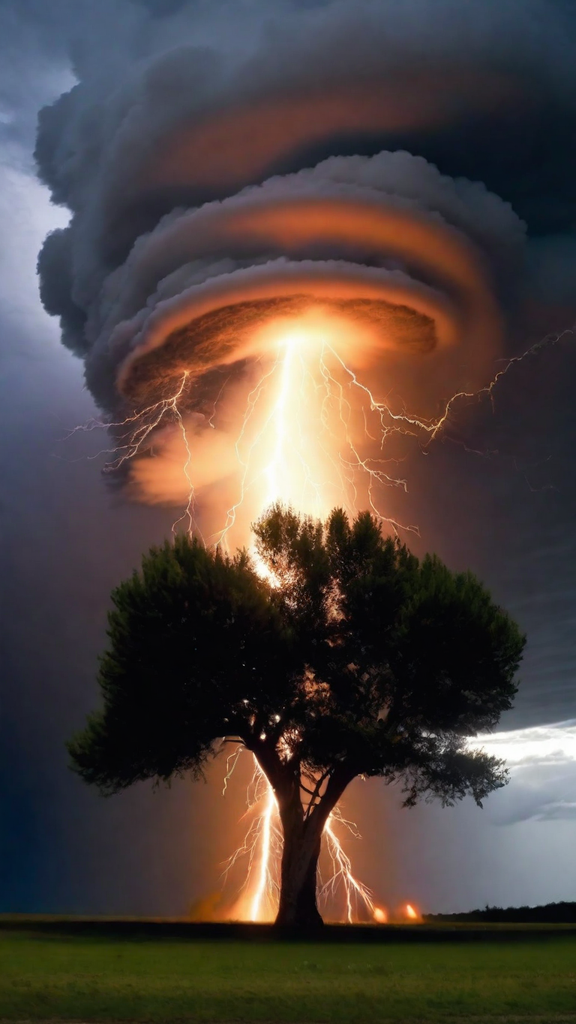 Prompt: thunder hitting a tree, close up, explosion