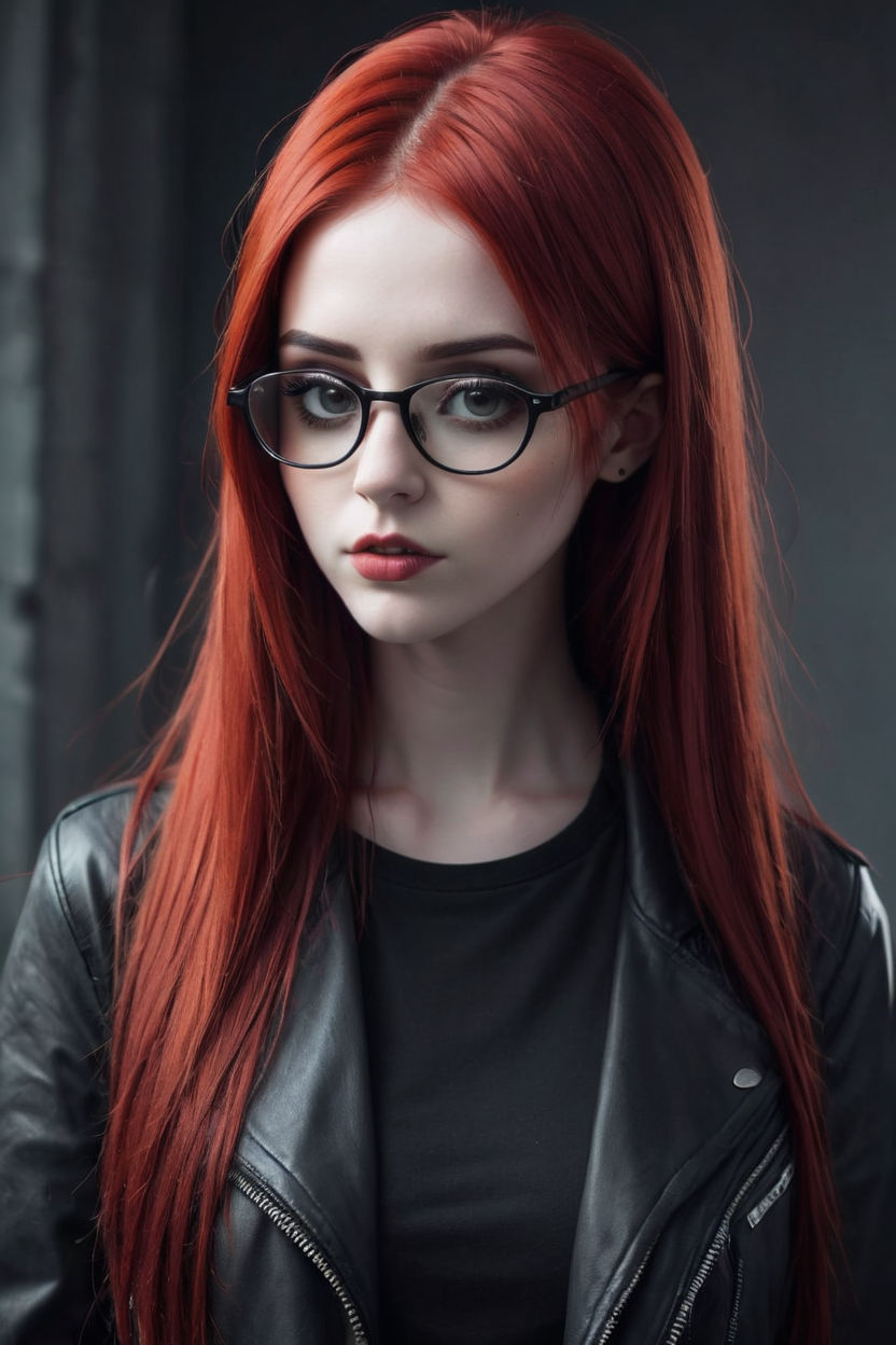 goth woman with red hair and glasses anime style