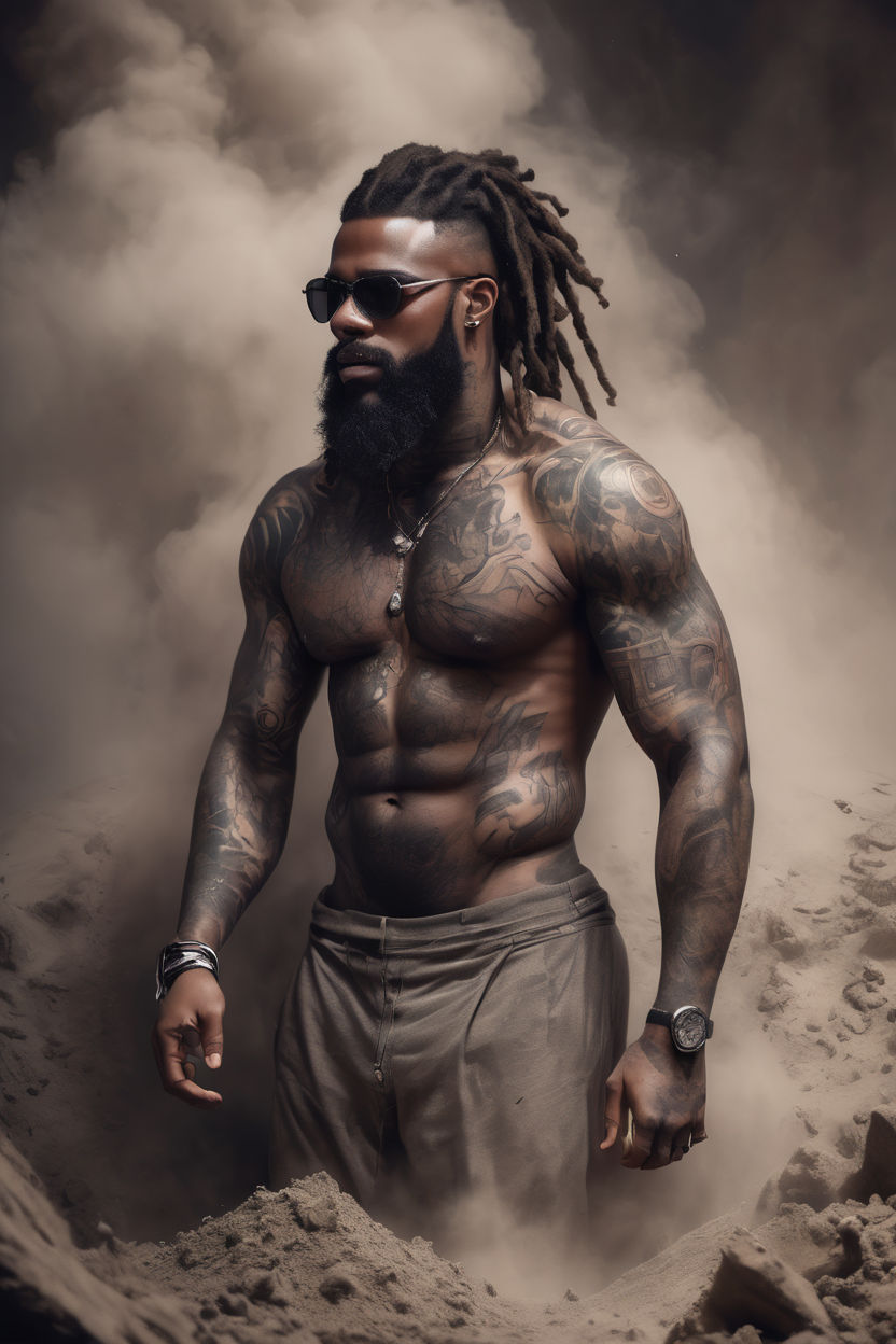 muscular black man with dreadlocks and tribal tattooes