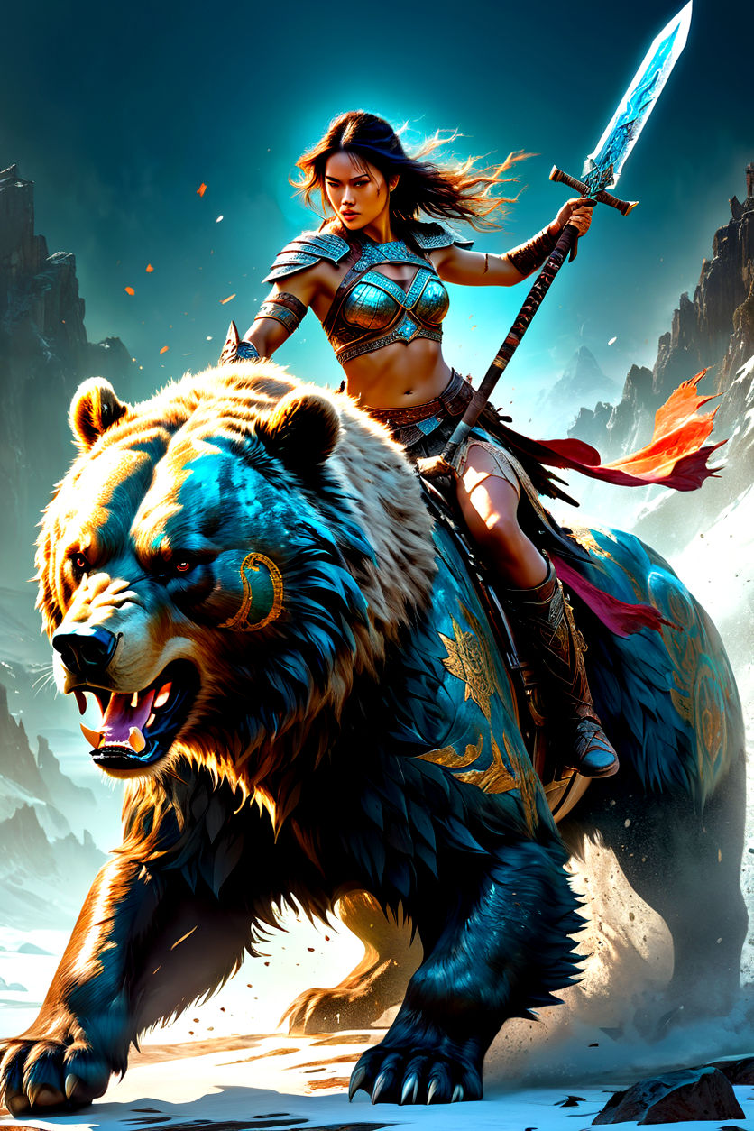 Lara Croft riding a legendary grizzly bear