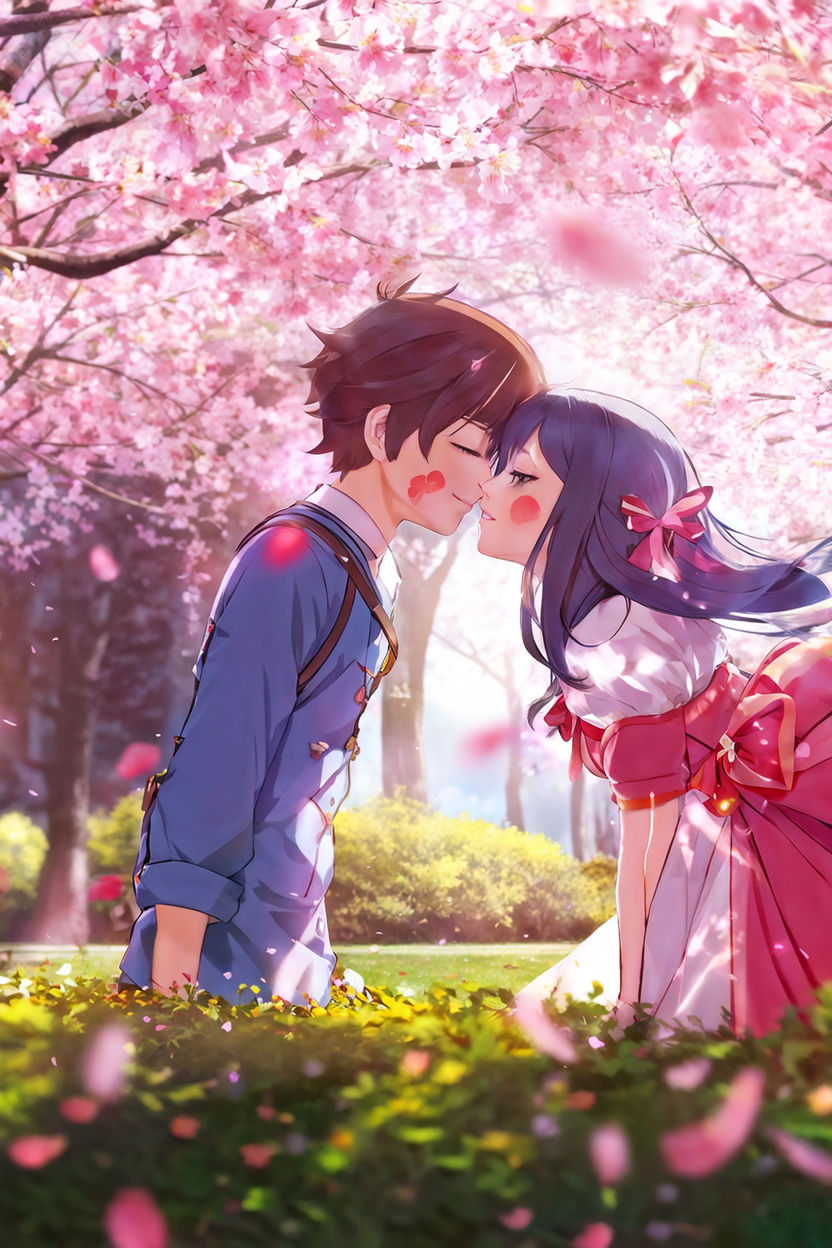 Anime girl and anime boy kissing each auther