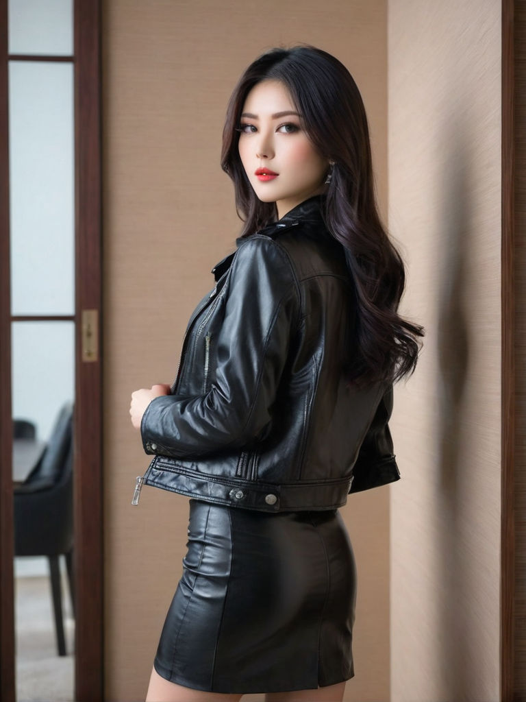 24 year old cute korean woman with leather jacket and leather pants -  Playground