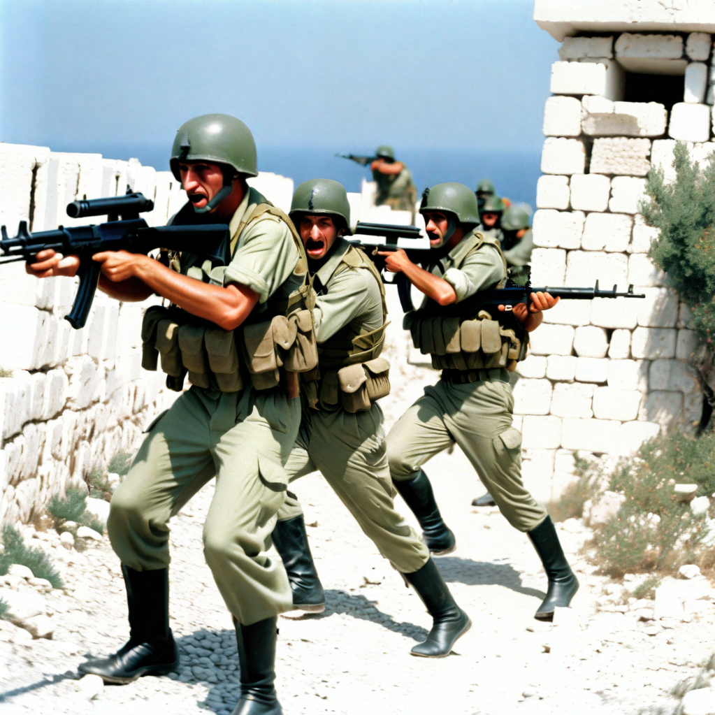 Prompt: Hellenic Marines storming the island of Kos, 1982.  They are firing their assault rifles at Turkish soldiers.