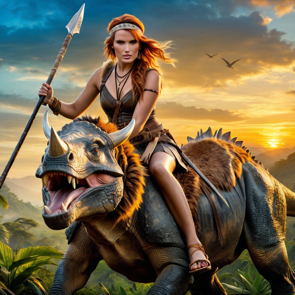 a beautiful stone age woman loving a tyrannosaurus rex