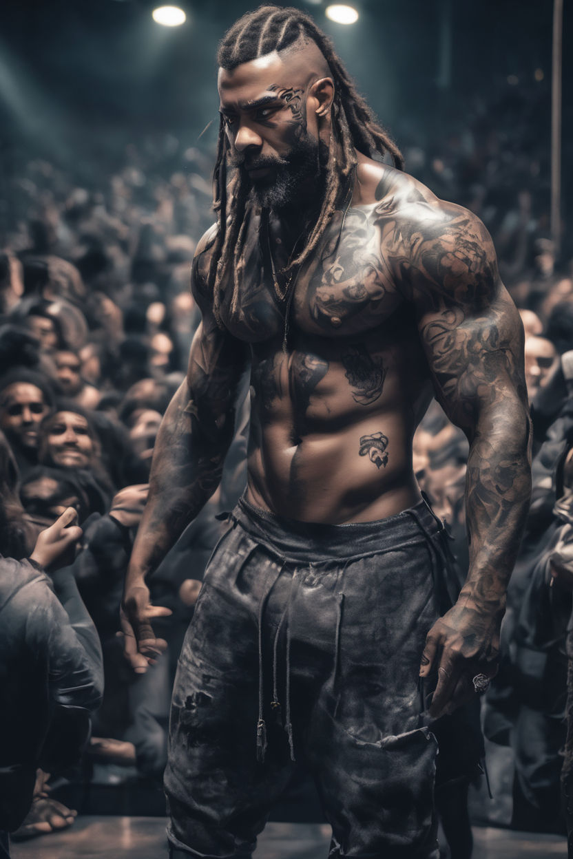 muscular black man with dreadlocks and tribal tattooes