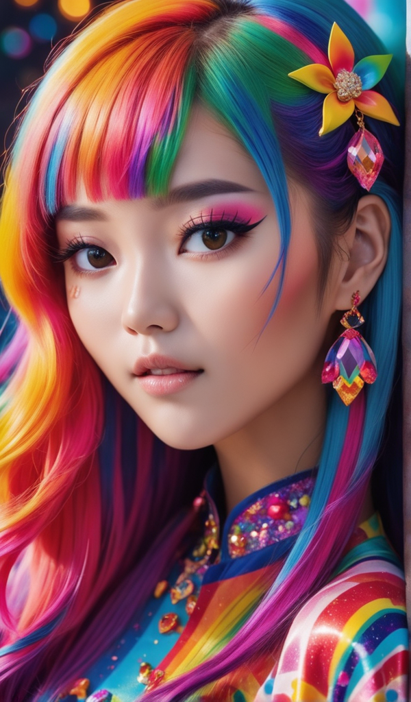 colorful hair that represents creativity and innovation. Dress her in a  modern and trendy outfit that showcases her unique style. Style: anime
