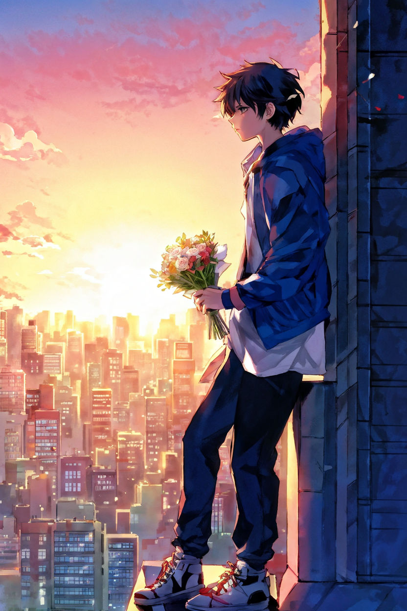 Anime teen boy clasps bouquet by francisco_industries - Playground