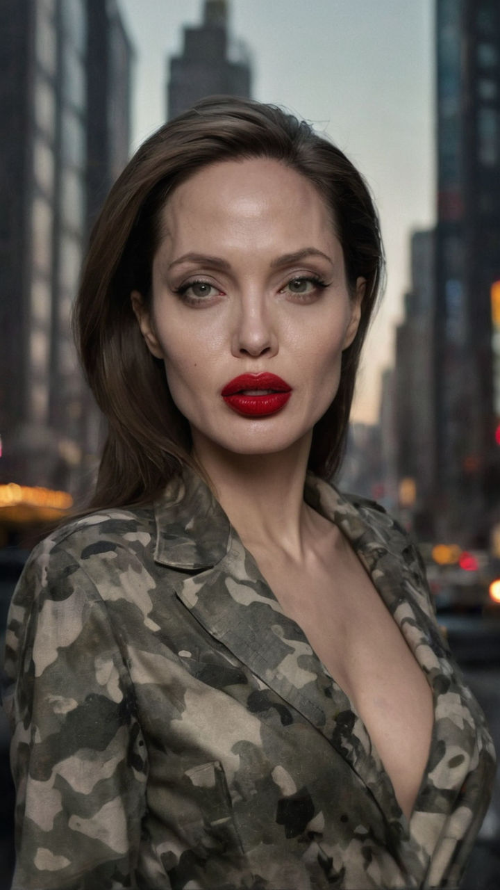 Prompt: Angelina Jolie in full body camouflage blending seamlessly into a bustling cityscape, city lights playing off her highly detailed face and lips adorned with striking red lipstick, ultra-detailed photography, high-definition, cinematic-quality