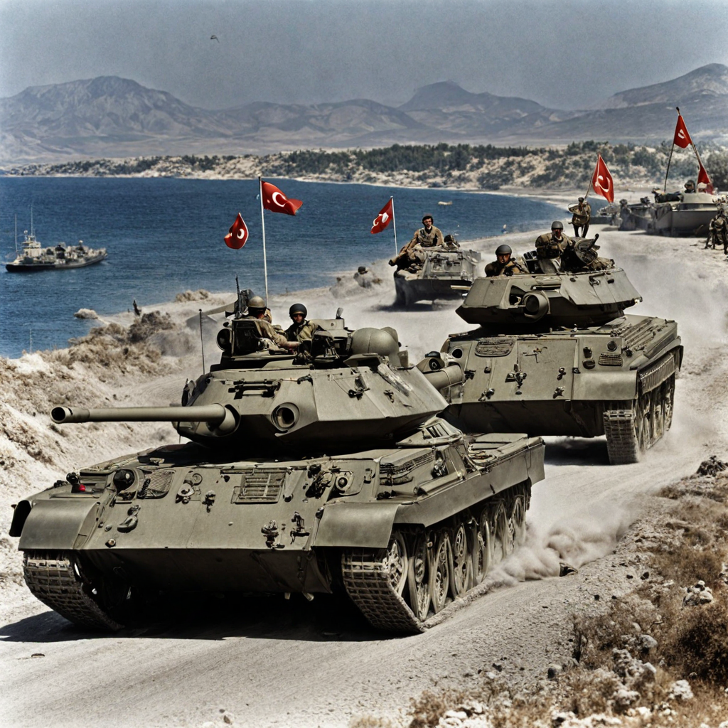 Prompt: Turkish amphibious invasion force on Kos, April 2, 1982. With tanks, jeeps, hovercrafts, and armored cars.