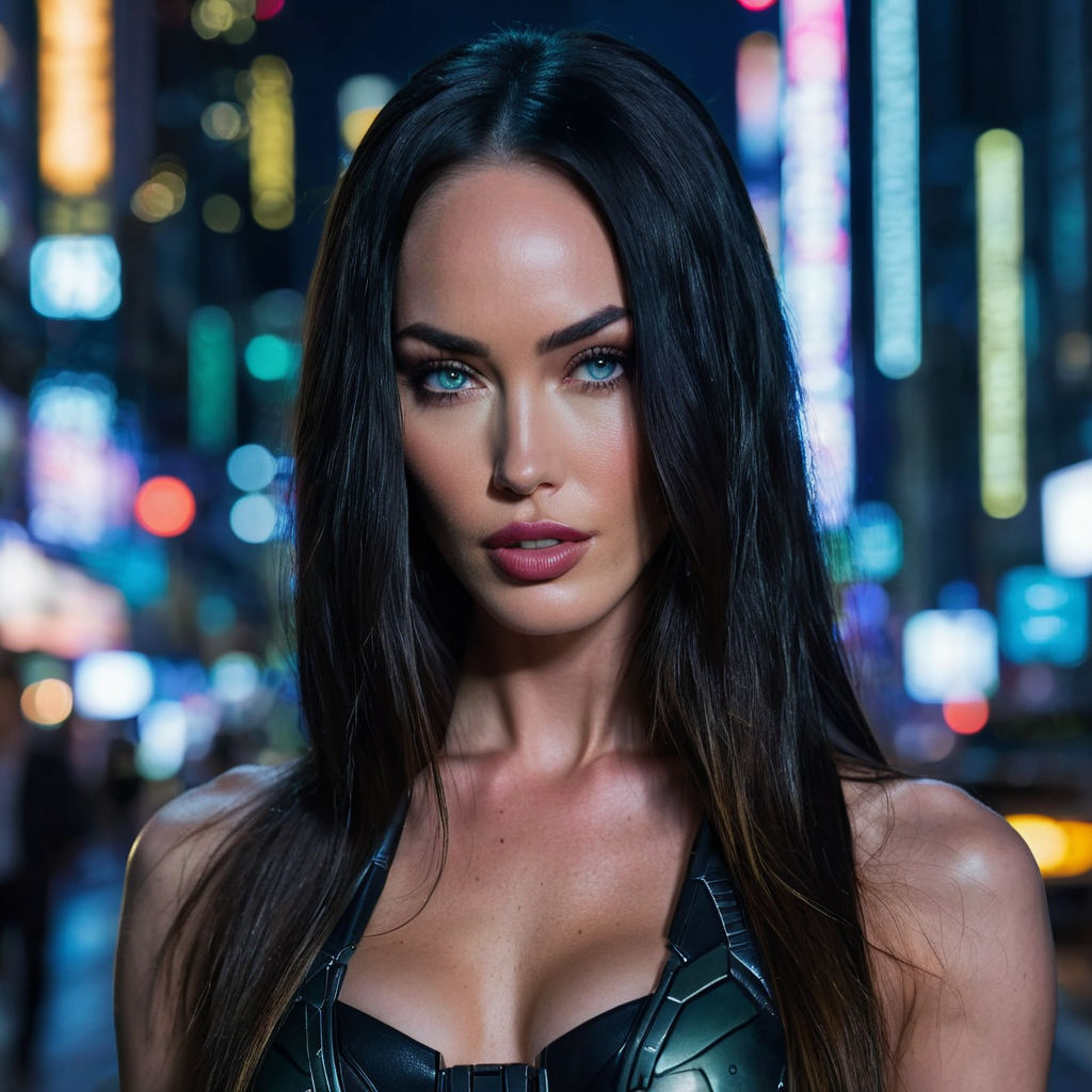 A close-up of Megan Fox:1.5, cleavage, sexy look at the camera, sexy lips,  hot